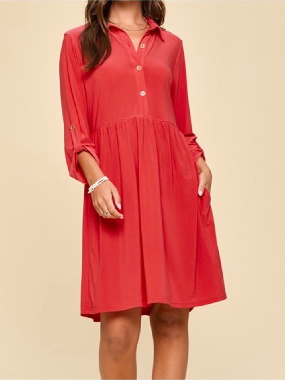 Button-Front Red Dress with Roll-Tab Sleeves